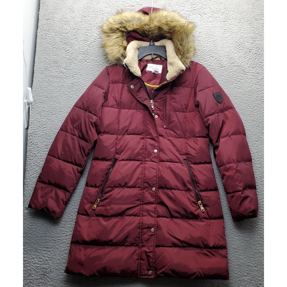 Two by Vince Camuto Long Puffer Down Jacket Women Small Burgundy Snap Inside Zip
